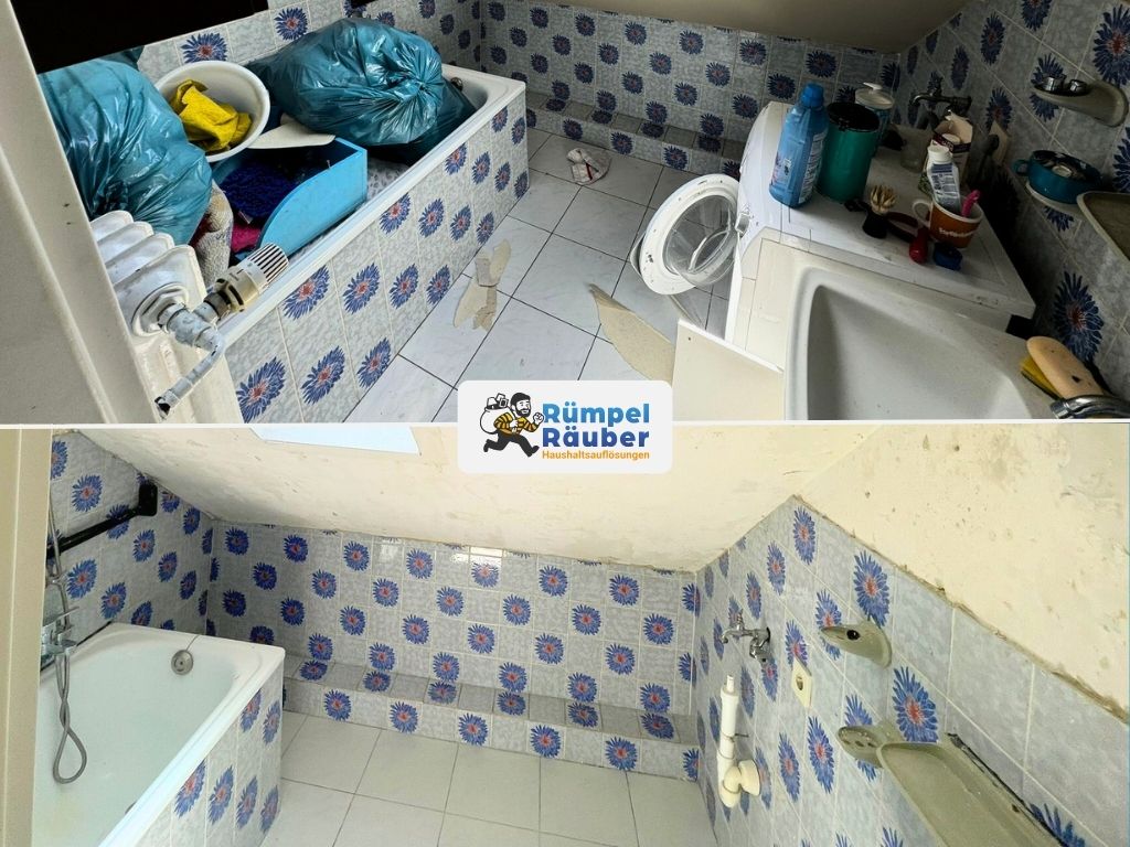 Unordentliches Badezimmer aufger&auml;umt durch Aachener Entr&uuml;mpler davor und danach