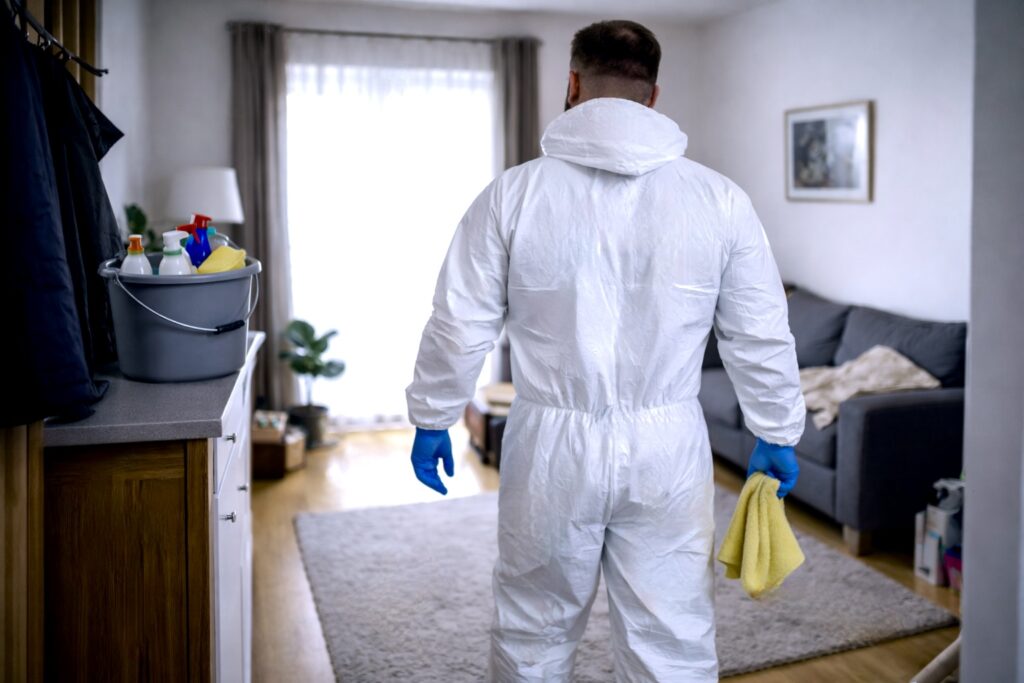 Mann in Schutzanzug in einem Zimmer bei Tatortreinigung in Aachen