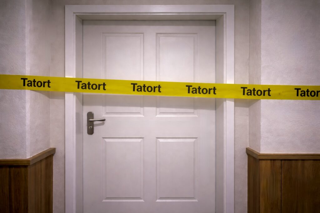 Verschlossene T&uuml;r mit Tatortabsperrung in Aachen