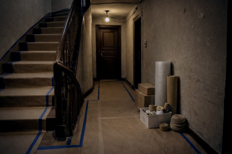 Leere Gang mit Boxen in einem entr&uuml;mpelten Altbau in Aachen