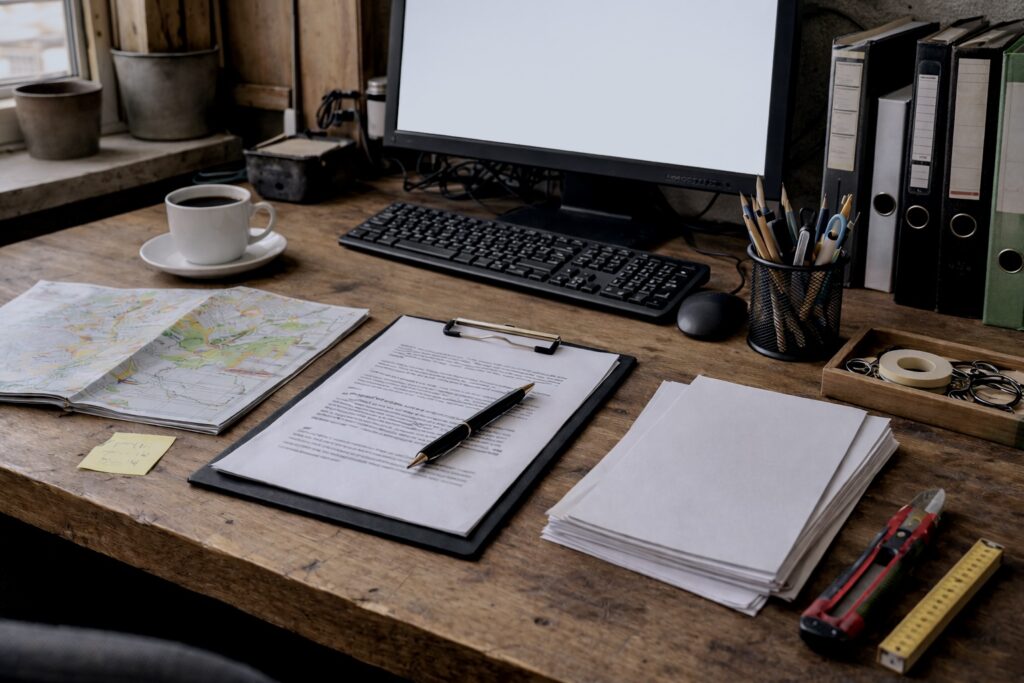 Schreibtisch mit Bildschirm, Zetteln und Stift vom Aachener Entr&uuml;mpler