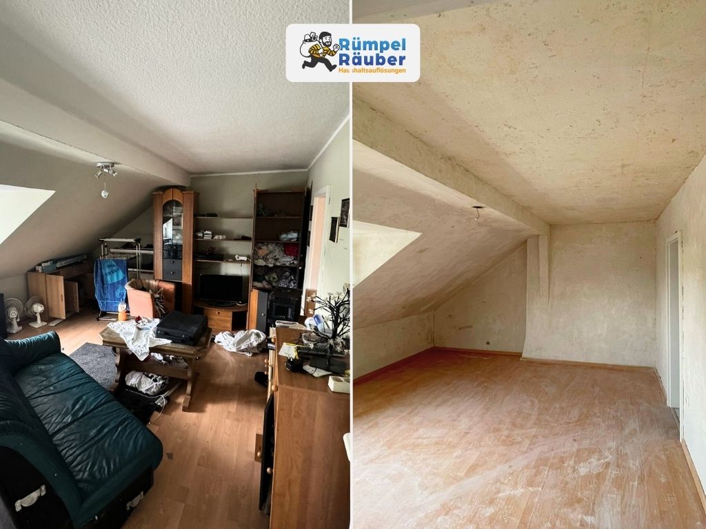 links zugem&uuml;llter und rechts entr&uuml;mpelter Dachboden