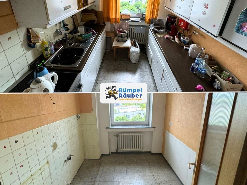 Oben eine volle K&uuml;che, unten eine leerger&auml;umte K&uuml;che in Aachen