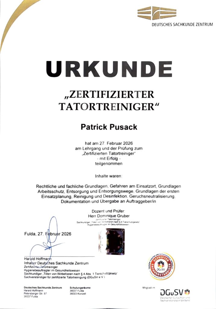 Zertifikat f&uuml;r Aachener Tatortreiniger Patrick Pusack