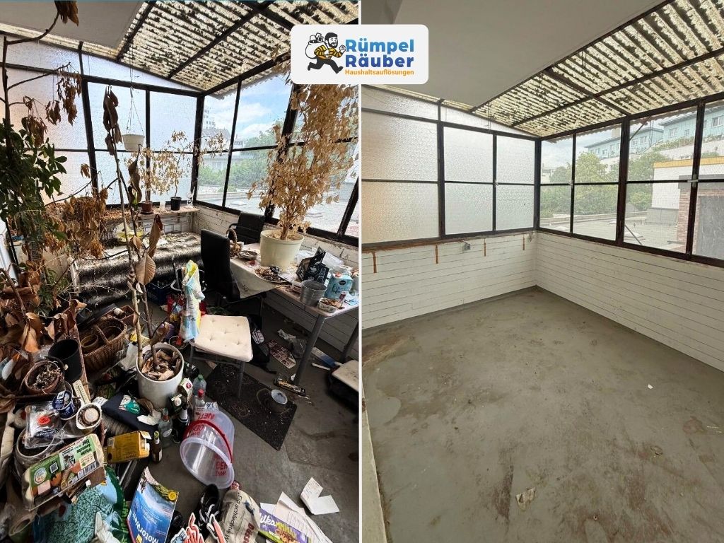 links zugem&uuml;llter und rechts leerger&auml;umter Wintergarten durch Aachener Entr&uuml;mpler